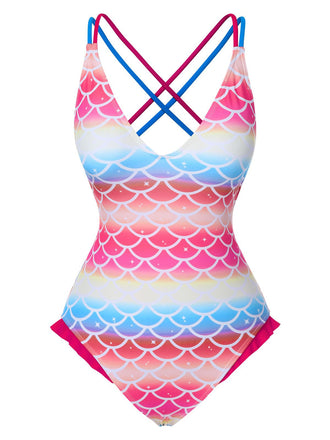 She's wearing Rainbow 1970s Mermaid Scale Ruffle One-Piece Swimsuit and the whole beach remembers the 1970s