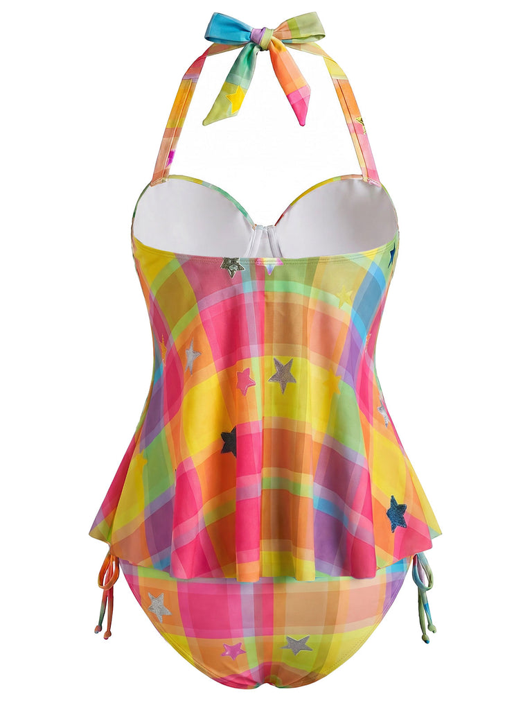 [Pre-Sale] Rainbow 1970s Plaid Star Halter Tankini Set, vintage fashion, retro style - perfect for women who love vintage and retro fashion