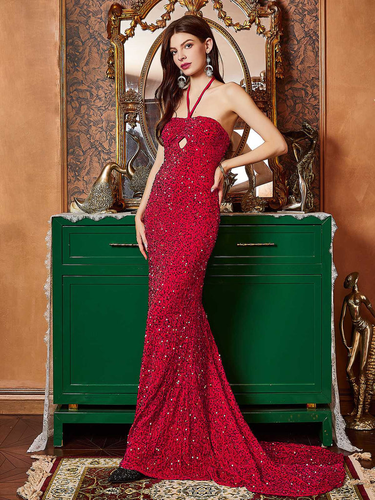 She slips into this Red 1920s Halter Sequined Side Slit Maxi Dress and suddenly it's a 1920s daydream
