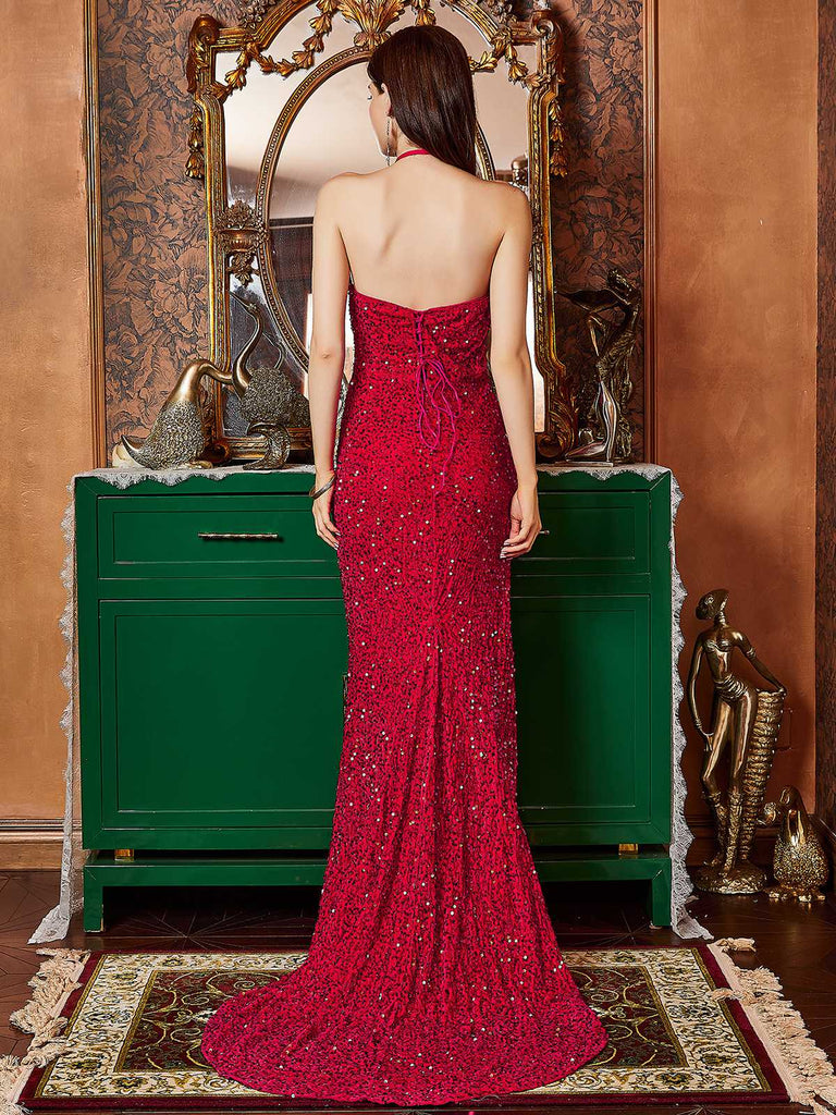 Red 1920s Halter Sequined Side Slit Maxi Dress: where 1920s romance meets her modern spirit