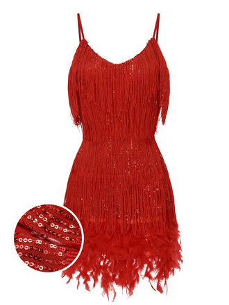Red 1920s Spaghetti Strap Feather Fringe Dress, vintage dress, retro fashion, Gatsby party, flapper style - perfect for women who love vintage and retro fashion