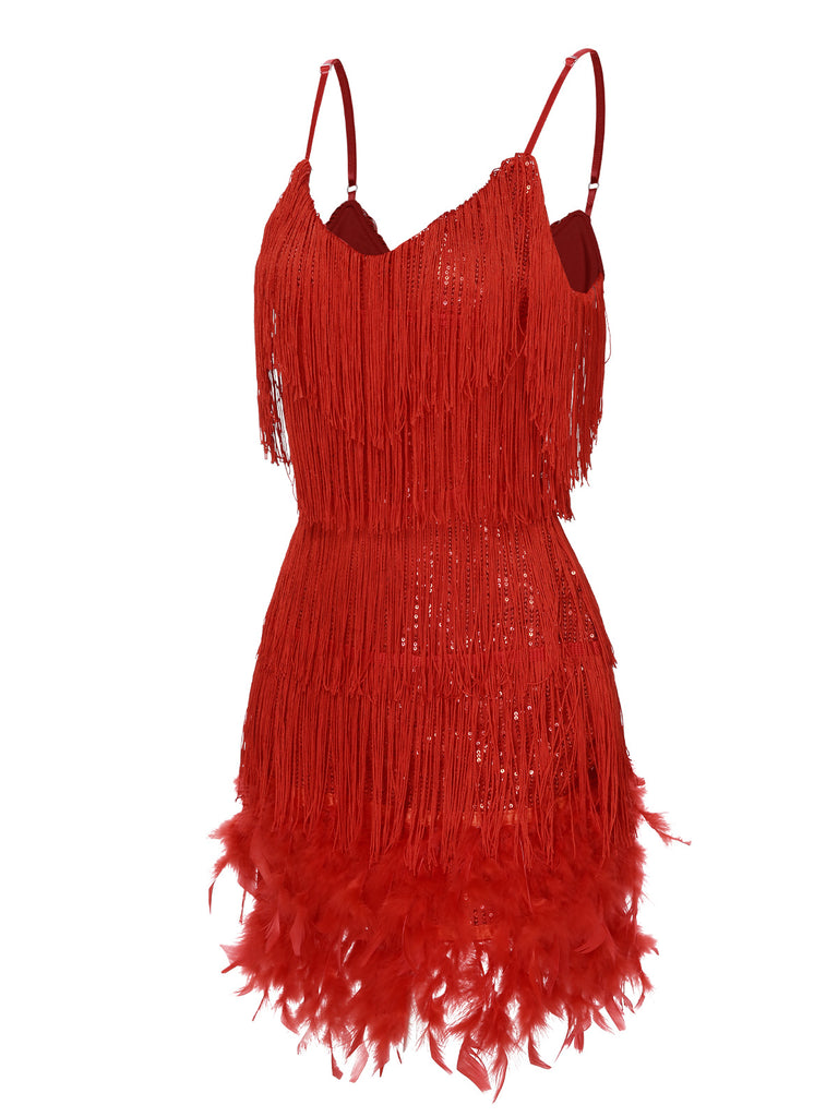 Red 1920s Spaghetti Strap Feather Fringe Dress | Retro Stage Red 1920s Spaghetti Strap Feather Fringe Dress | Retro Stage