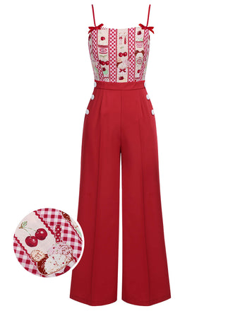 Red 1930s Cherry Cupcake Strap Jumpsuit, vintage romper, retro jumpsuit - perfect for women who love vintage and retro fashion