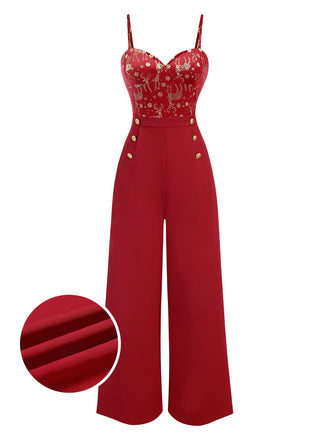 Red 1930s Christmas Elk Gilded Velvet Jumpsuit, vintage romper, retro jumpsuit - perfect for women who love vintage and retro fashion