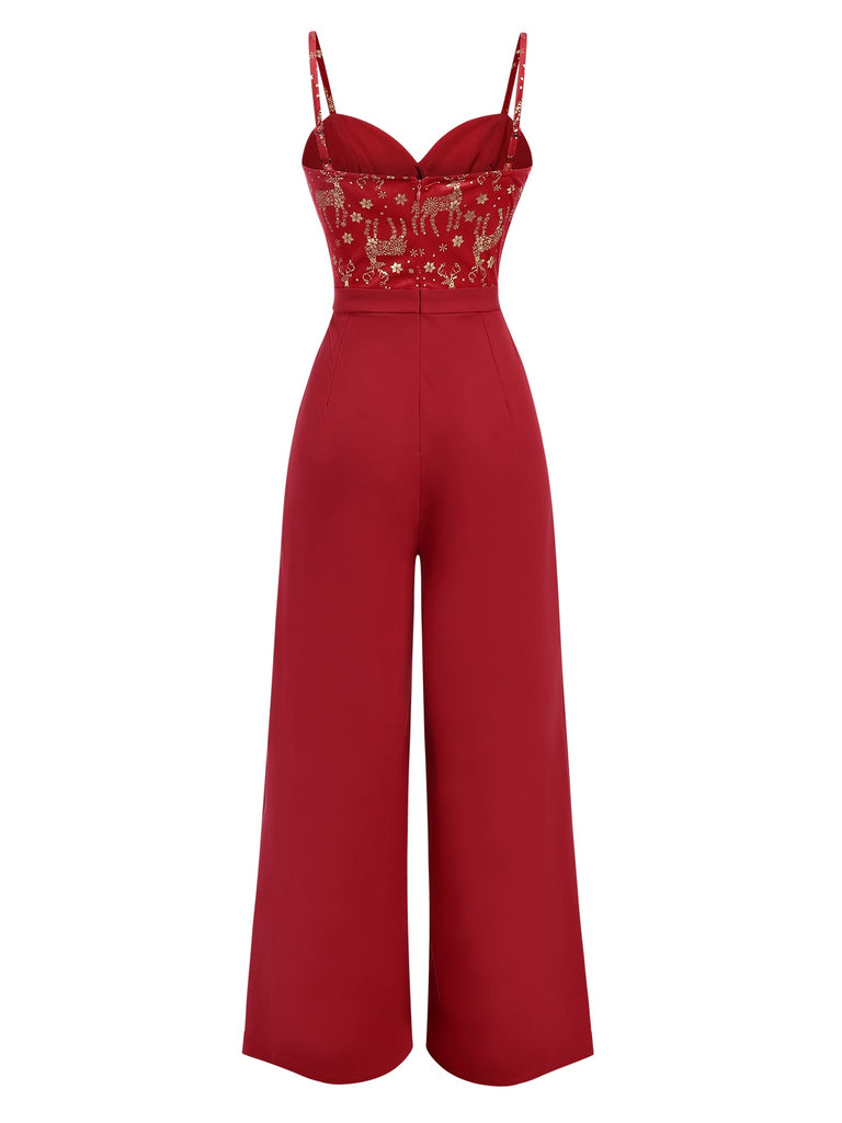 Red 1930s Christmas Elk Gilded Velvet Jumpsuit, vintage romper, retro jumpsuit - perfect for women who love vintage and retro fashion