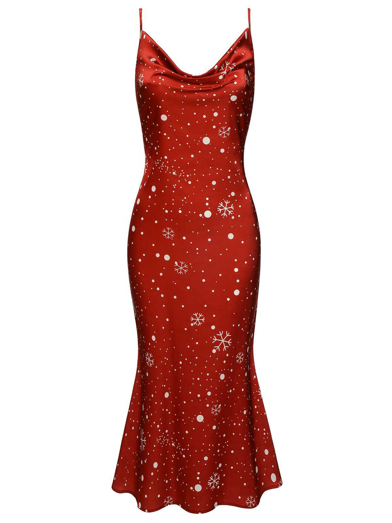 red mermaid midi dress Christmas Party Satin Cowl Neckline Snowflake Midi Dress Red,L
