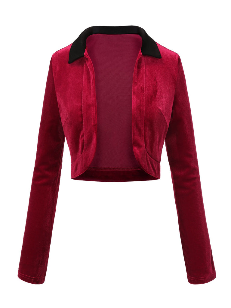 Red 1930s Contrast Lapel Velvet Bolero Jacket, vintage coat, retro outerwear - perfect for women who love vintage and retro fashion