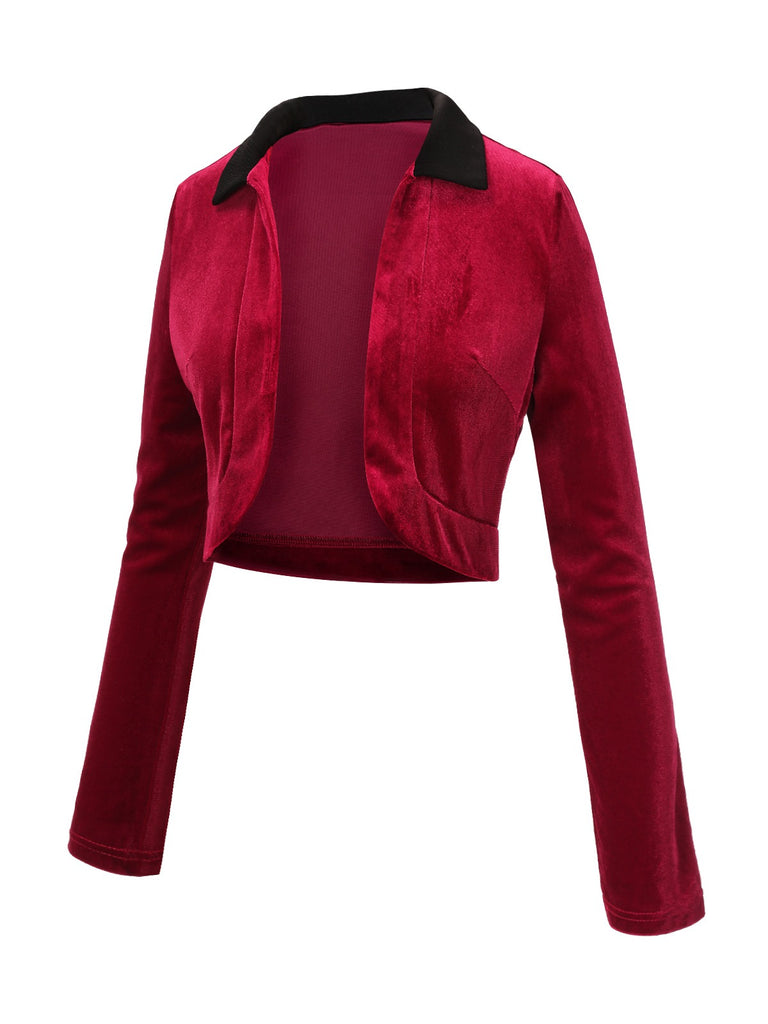 Red 1930s Contrast Lapel Velvet Bolero Jacket, vintage coat, retro outerwear - perfect for women who love vintage and retro fashion