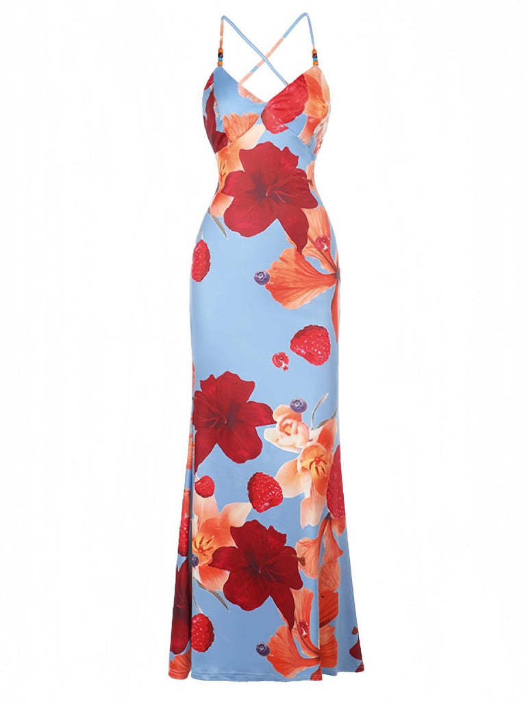 Red 1930s Floral Backless Slip Maxi Dress - vintage dress, retro fashion, elegant red