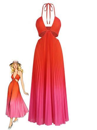 Red 1930s Gradient Halter Pleated Cut-Out Maxi Dress - vintage dress, retro fashion, elegant style for vintage lovers