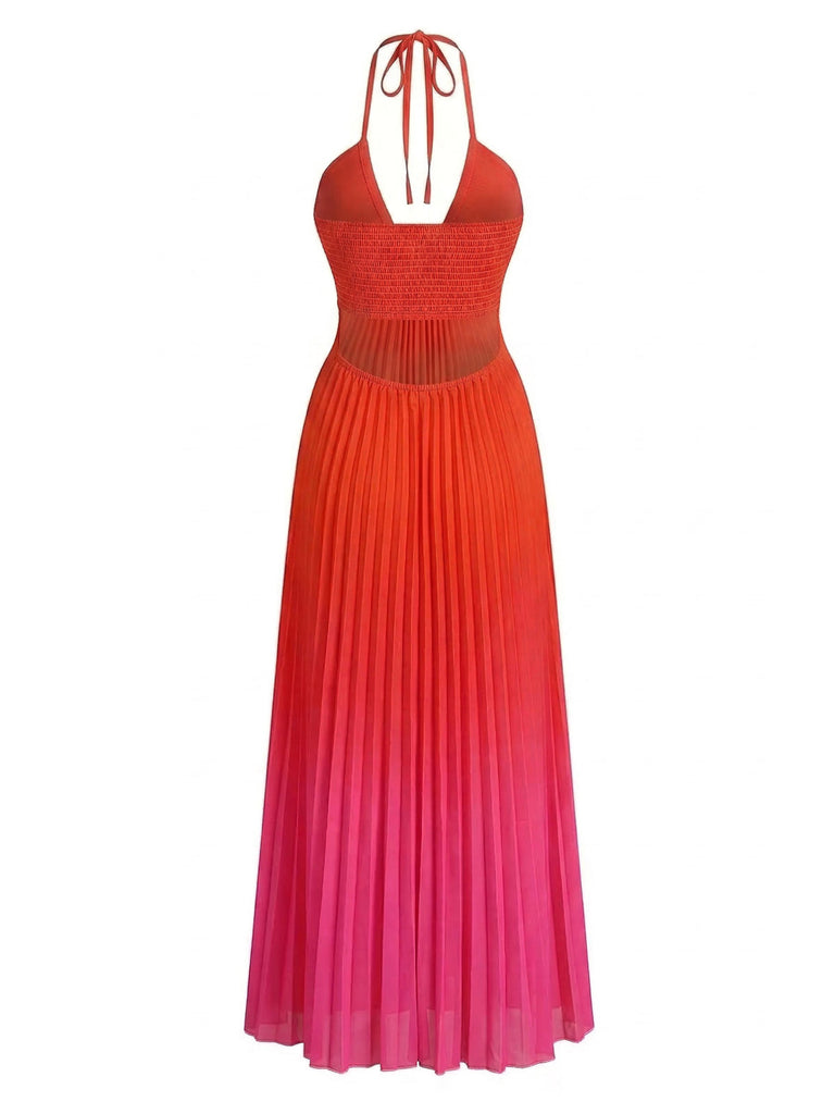 Red 1930s Gradient Halter Pleated Cut-Out Maxi Dress | vintage dress, retro fashion, elegant style - perfect for retro fashion enthusiasts