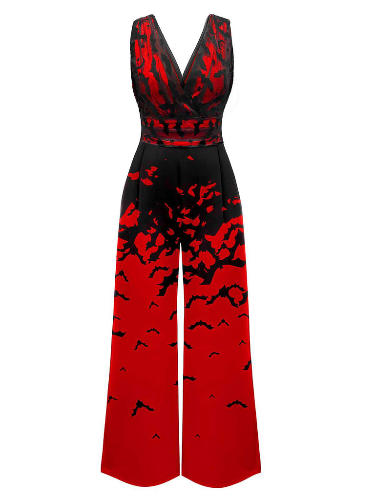 Red 1930s Halloween V-Neck Bat Jumpsuit — vintage elegance for the modern woman