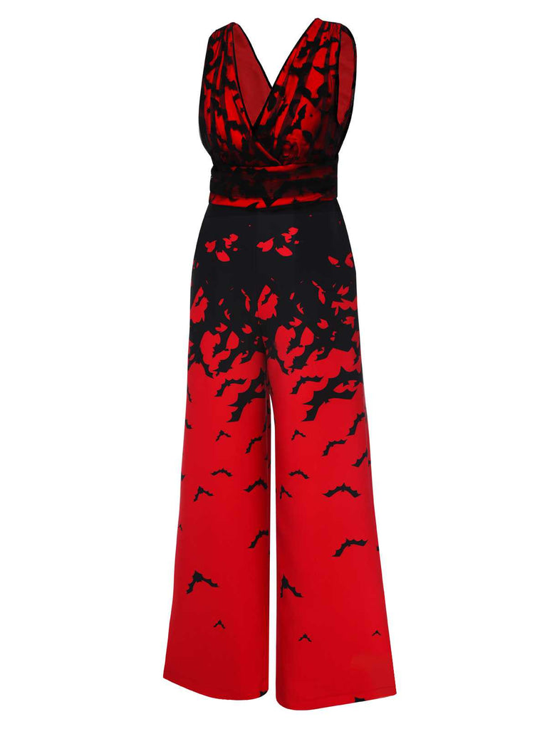 Red 1930s Halloween V-Neck Bat Jumpsuit — vintage elegance for the modern woman