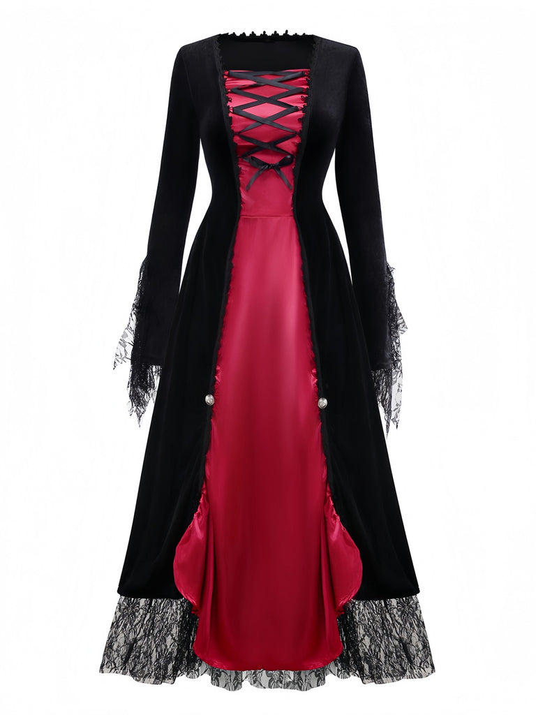Red 1930s Halloween Vampire Queen Lace-Up Dress Red 1930s Halloween Vampire Queen Lace-Up Dress