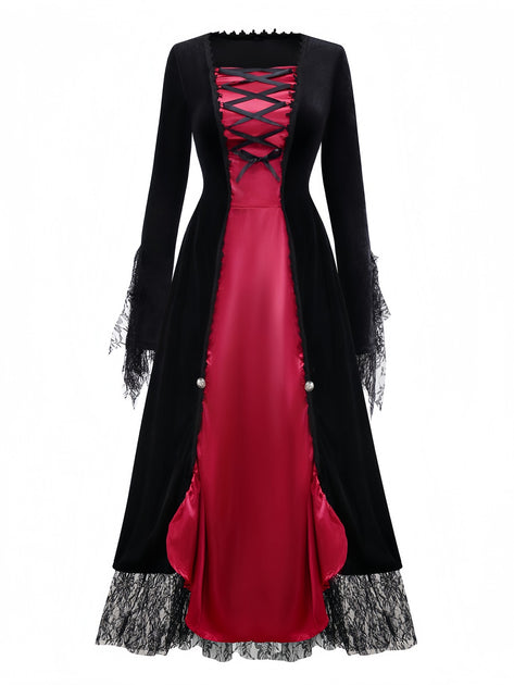 Red 1930s Halloween Vampire Queen Lace-Up Dress