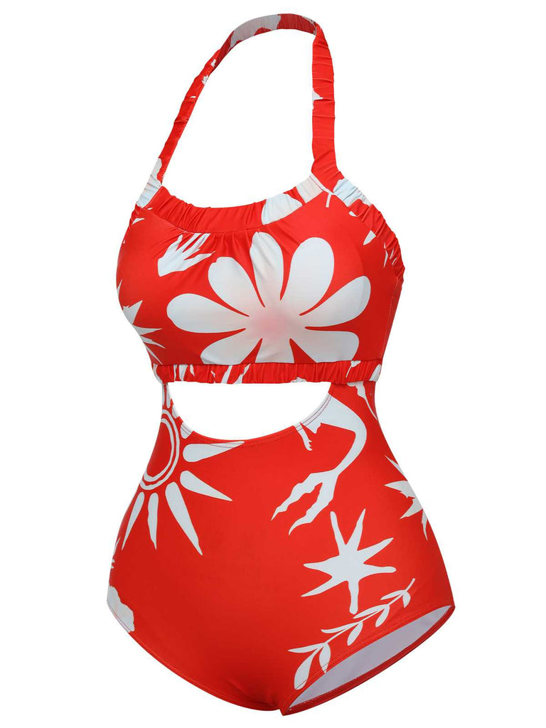 Red 1930s Halter Floral One-Piece Swimsuit: 1930s Riviera elegance, reimagined for her