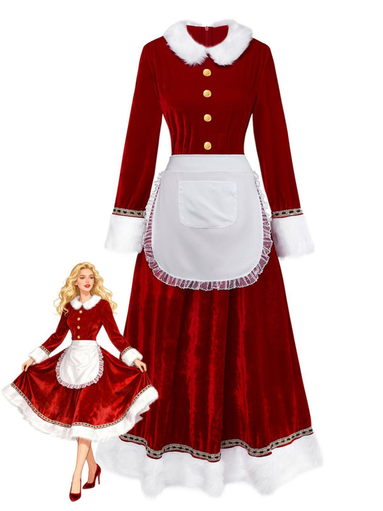Mrs. Claus Velvet Costume Dress | Women's Long Sleeve Faux Fur Trim Christmas Maid Gown | Vintage Holiday Outfit Mrs. Claus Velvet Costume Dress | Women's Long Sleeve Faux Fur Trim Christmas Maid Gown | Vintage Holiday Outfit