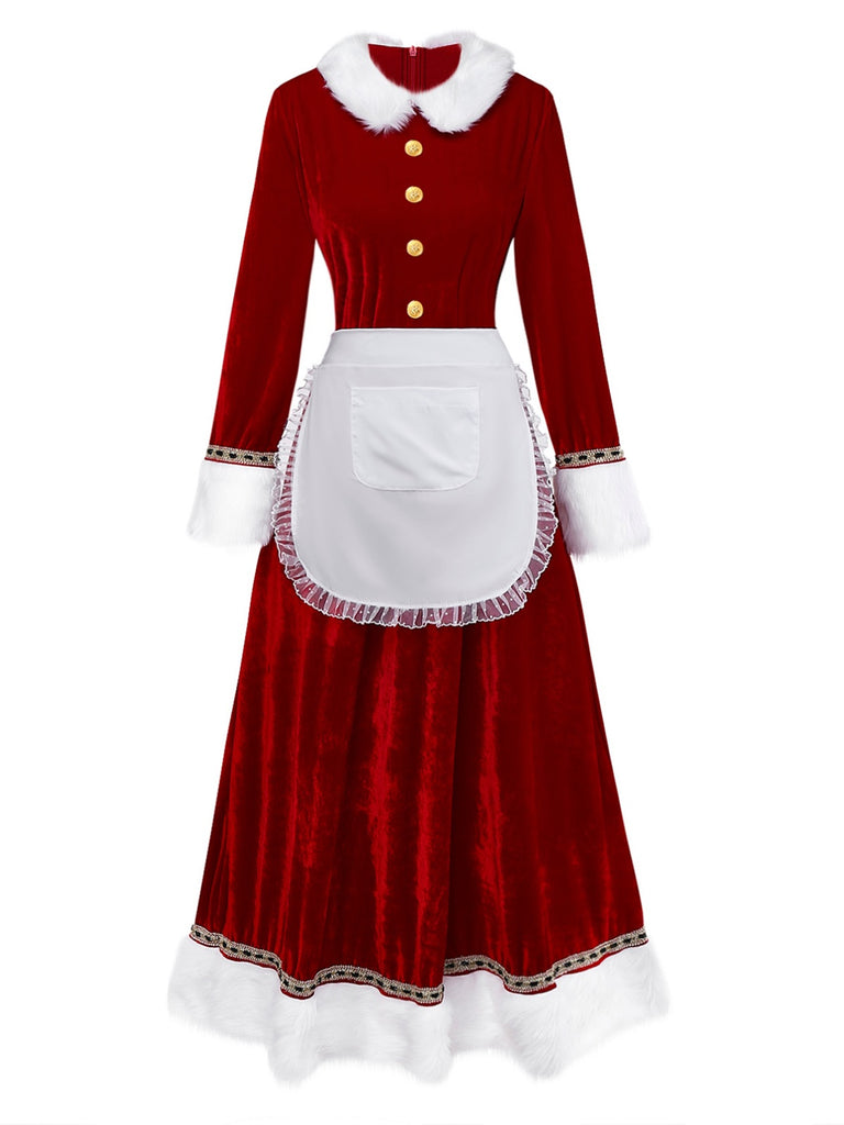 Red 1930s Mrs. Claus Costume Velvet Dress Set | Retro Stage