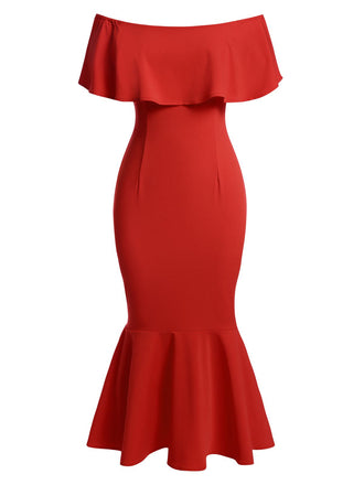 She slips into this Red 1930s Off-Shoulder Ruffles Mermaid Dress and suddenly it's a 1930s daydream