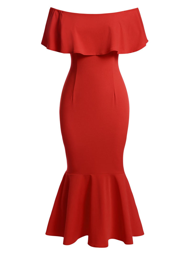 off the shoulder red mermaid dress Retro Vintage 1950s 1960s Midi Dress Pencil Dress Off Shoulder Solid Color Fancy Dress Women's Wedding Vacation Homecoming Adults' Dress