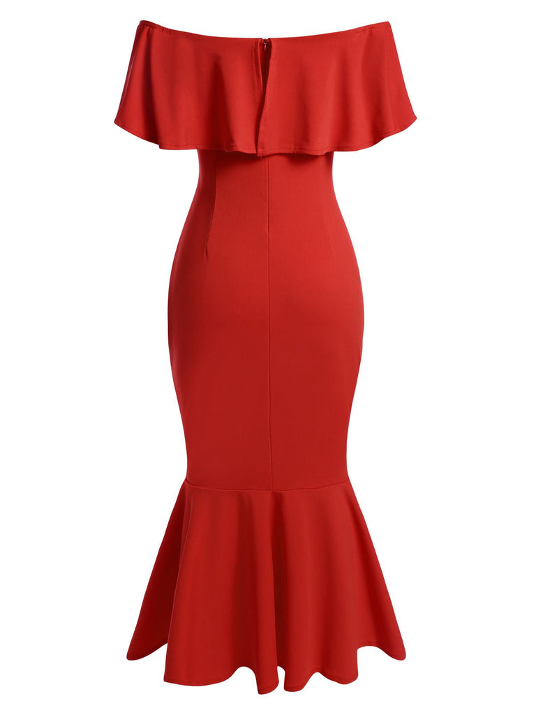 red ruffle dress off shoulder Retro Vintage 1950s 1960s Midi Dress Pencil Dress Off Shoulder Solid Color Fancy Dress Women's Wedding Vacation Homecoming Adults' Dress