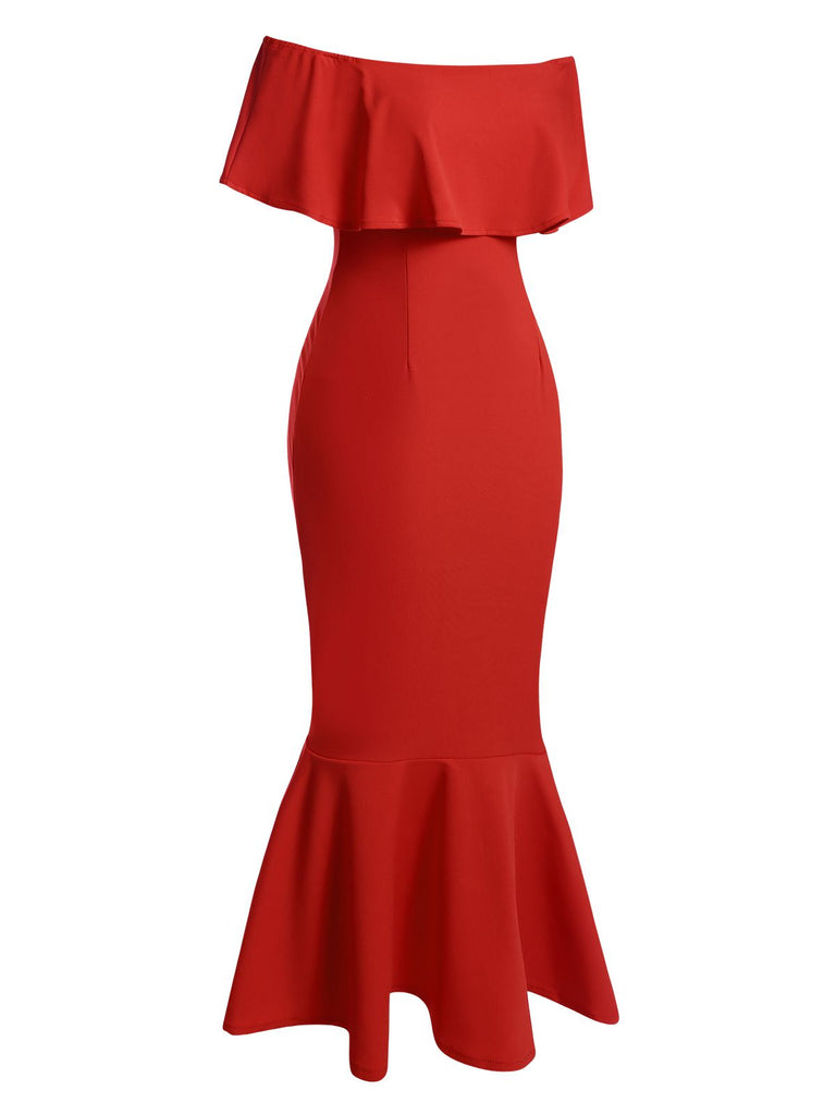 strapless open back dress Red 1930s Off-Shoulder Ruffles Mermaid Dress