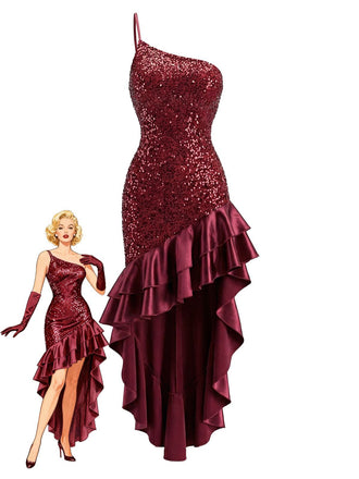 Red 1930s One-Shoulder Sequin Ruffled High-Low Dress - vintage dress, retro fashion, elegant red