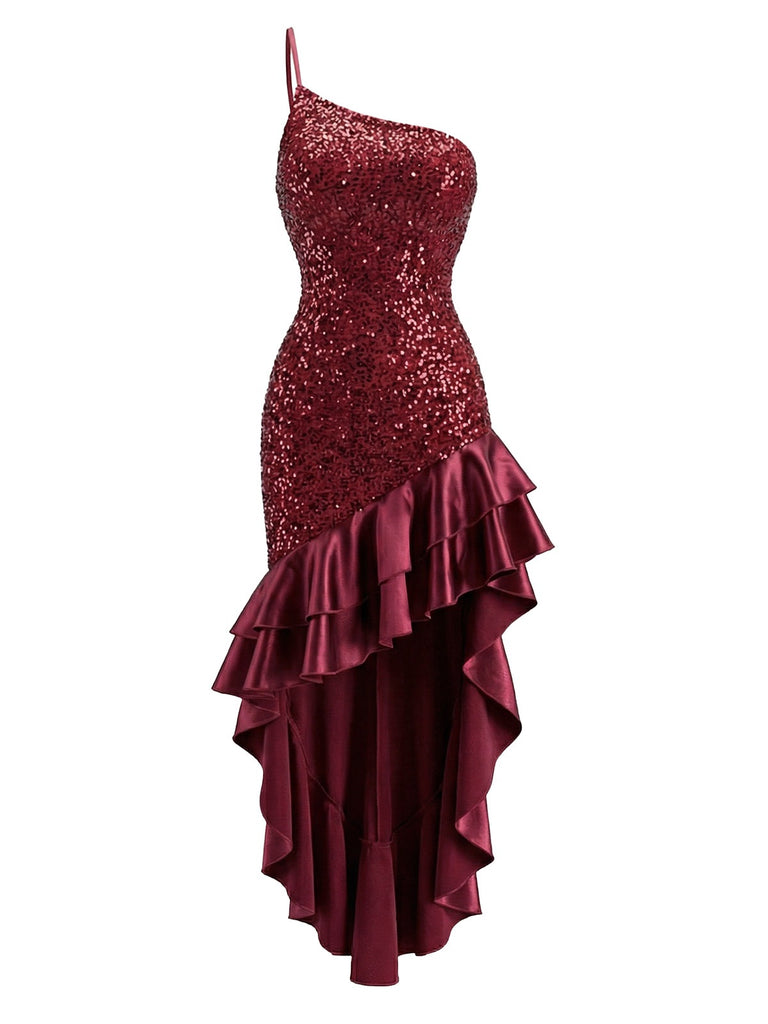 fitted lace wedding dress Red 1930s One-Shoulder Sequin Ruffled High-Low Dress