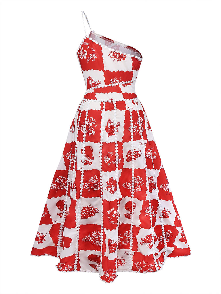 Red-1930s-Plaid-Floral-Fruit-Print-Spaghetti-Strap-Dress-Back-View