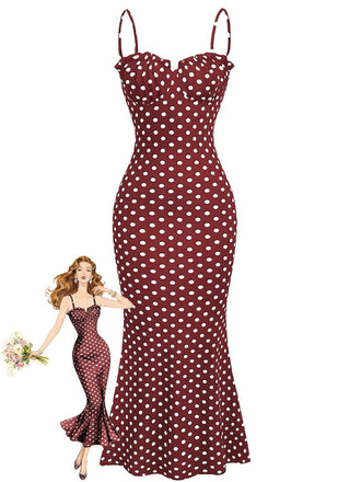 [Pre-Sale] Red 1930s Polka Dot Spaghetti Strap Fishtail Dress, vintage dress, retro fashion - perfect for women who love vintage and retro fashion