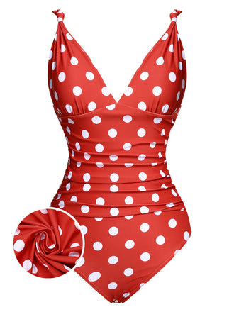 Red 1930s Polka Dot V-Neck Swimsuit, vintage swimsuit, pin-up swimwear - perfect for women who love vintage and retro fashion