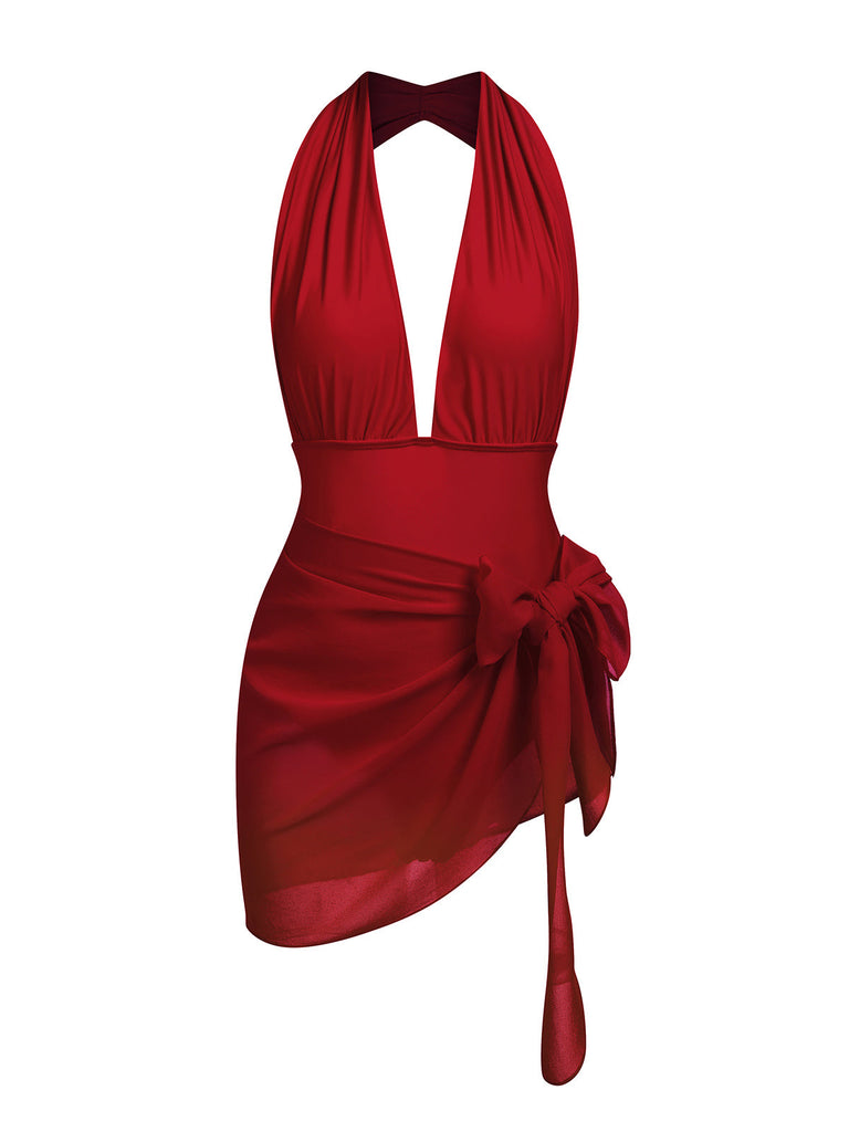 Red 1930s Retro Halter Solid One-piece Swimsuit — vintage elegance for the modern woman