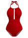 She's wearing Red 1930s Ruched Halter Hollow One-Piece Swimsuit and the whole beach remembers the 1930s