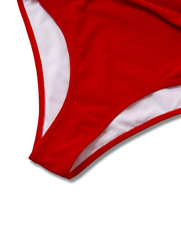 This Red 1930s Ruched Halter Hollow One-Piece Swimsuit carries 1930s vacation dreams in every stitch
