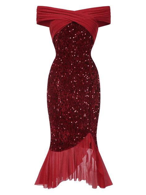 Burgundy Sequin Off Shoulder Valentine's Day Dress