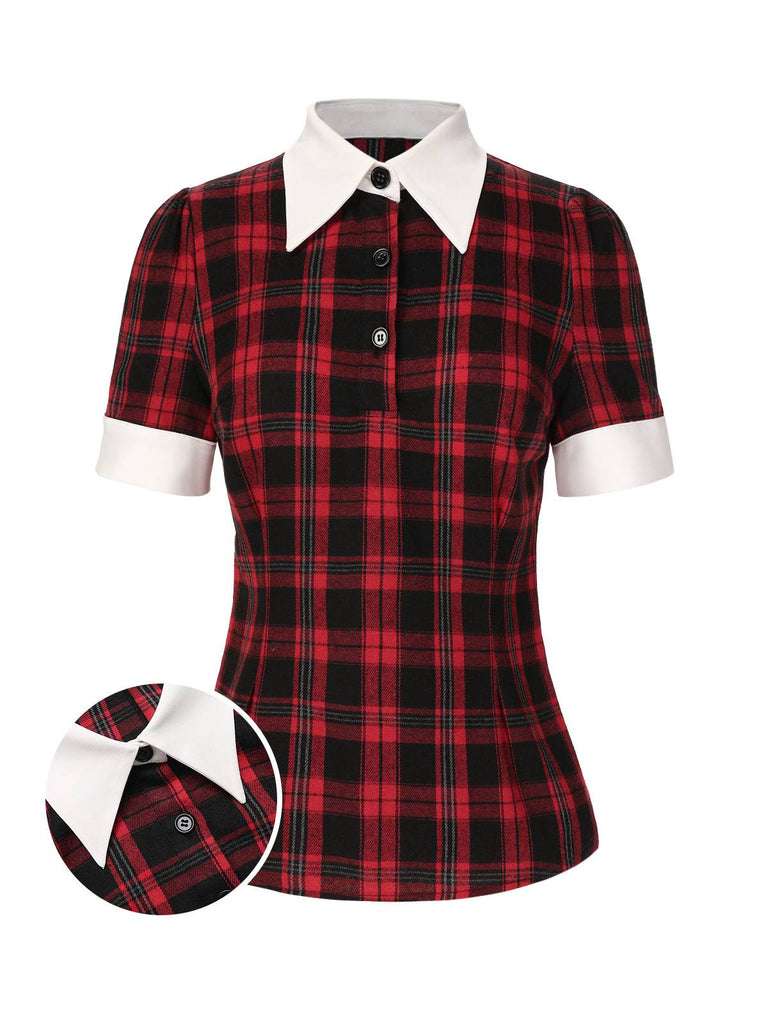 Red 1930s Shirt Collar Gingham Plaid Top - vintage fashion, retro style, elegant red