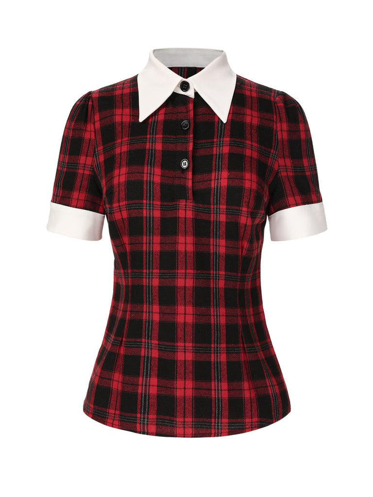 Red 1930s Shirt Collar Gingham Plaid Top - vintage fashion, retro style, elegant red