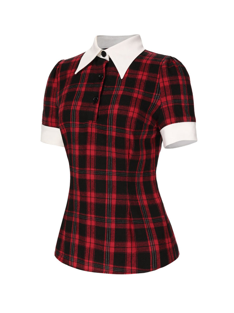 Red 1930s Shirt Collar Gingham Plaid Top - vintage fashion, retro style, elegant red
