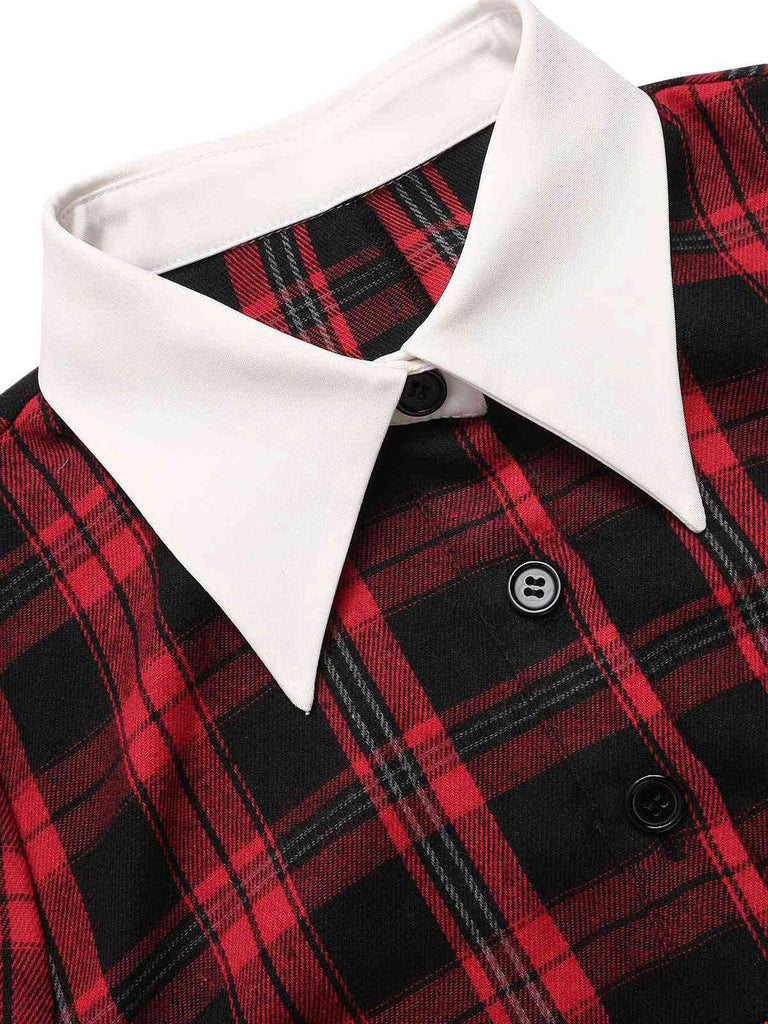 Red 1930s Shirt Collar Gingham Plaid Top - vintage fashion, retro style, elegant red