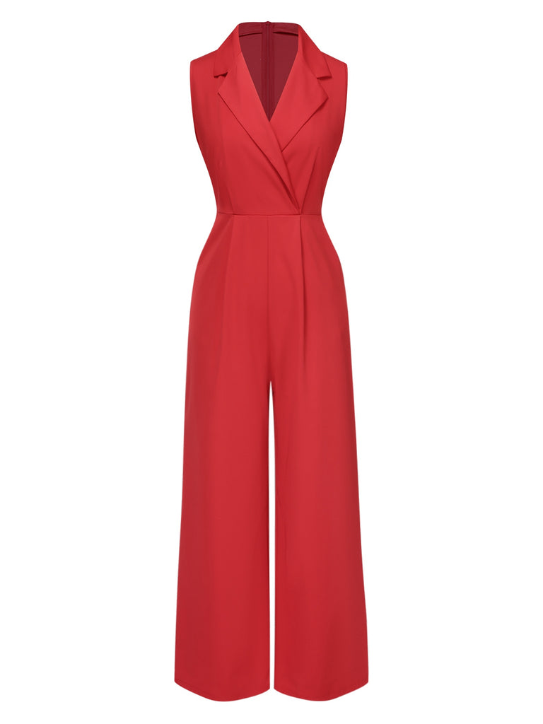 Red 1930s Solid Lapel Wide Leg Jumpsuit, vintage romper, retro jumpsuit - perfect for women who love vintage and retro fashion