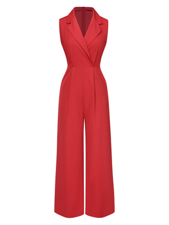 Red 1930s Solid Lapel Wide Leg Jumpsuit, vintage romper, retro jumpsuit - perfect for women who love vintage and retro fashion