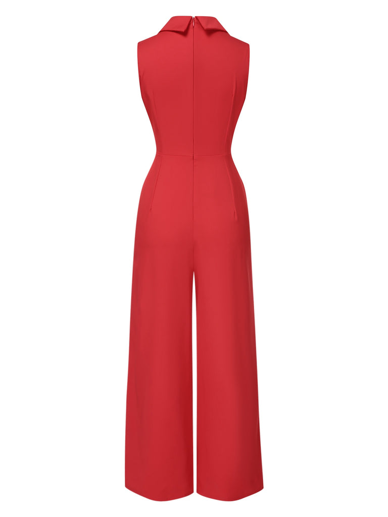 Red 1930s Solid Lapel Wide Leg Jumpsuit, vintage romper, retro jumpsuit - perfect for women who love vintage and retro fashion