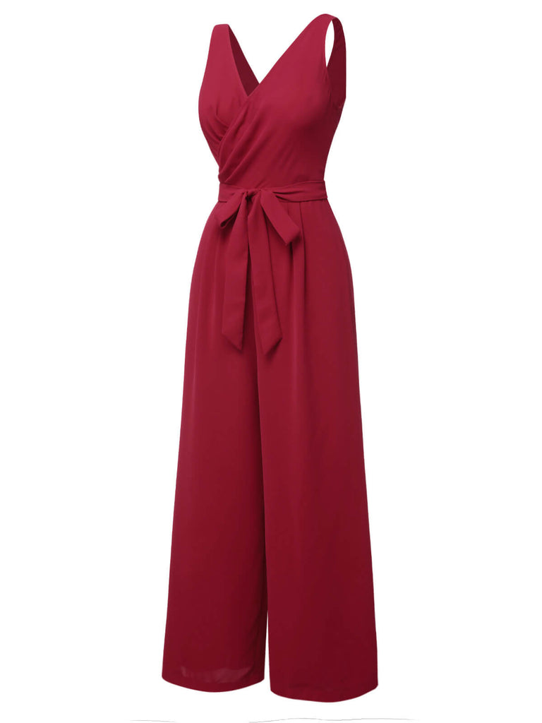 Red 1930s Solid Wasit Tie V-Neck Jumpsuit, vintage romper, retro jumpsuit - perfect for women who love vintage and retro fashion
