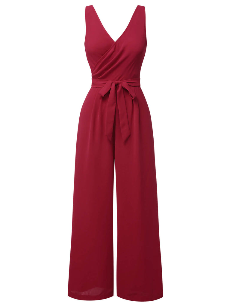 Red 1930s Solid Wasit Tie V-Neck Jumpsuit, vintage romper, retro jumpsuit - perfect for women who love vintage and retro fashion