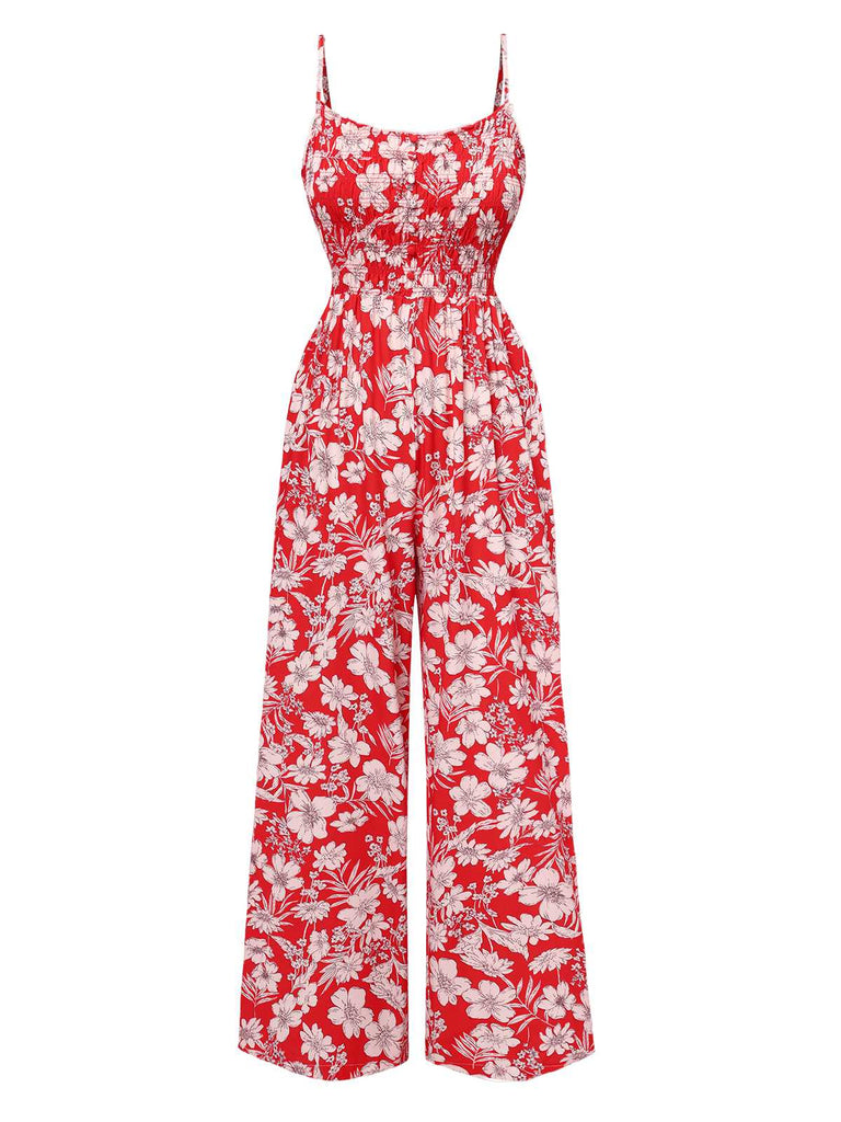 She finds her 1930s story in this Red 1930s Spaghetti Strap Floral Wide-Leg Jumpsuit