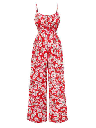 She finds her 1930s story in this Red 1930s Spaghetti Strap Floral Wide-Leg Jumpsuit