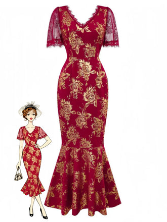 She slips into this Red 1930s V-Neck Gold Foil Floral Mermaid Sheer Dress and suddenly it's a 1930s daydream