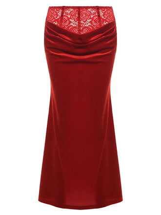 2PCS Red 1930s Velvet Lace Patchwork Top & Skirt: a 1930s classic that whispers rather than shouts