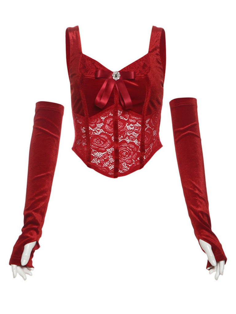 2PCS Red 1930s Velvet Lace Patchwork Top & Skirt — 1930s elegance she can wear anywhere