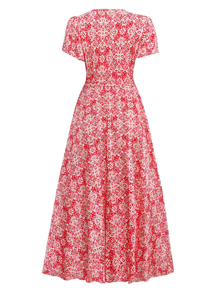 Red 1940s Boho Floral Wrap Dress - vintage dress, retro fashion, elegant red